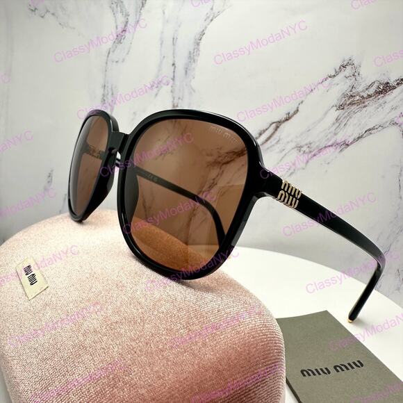 New MIU MIU Sunglasses MU B01S 16K90Q Black Brown Lens Oversized Pillow Square